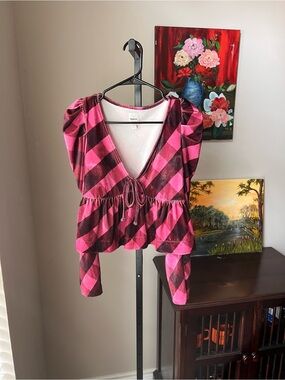 Maeve Pink Plaid Tie-Front Peplum Top